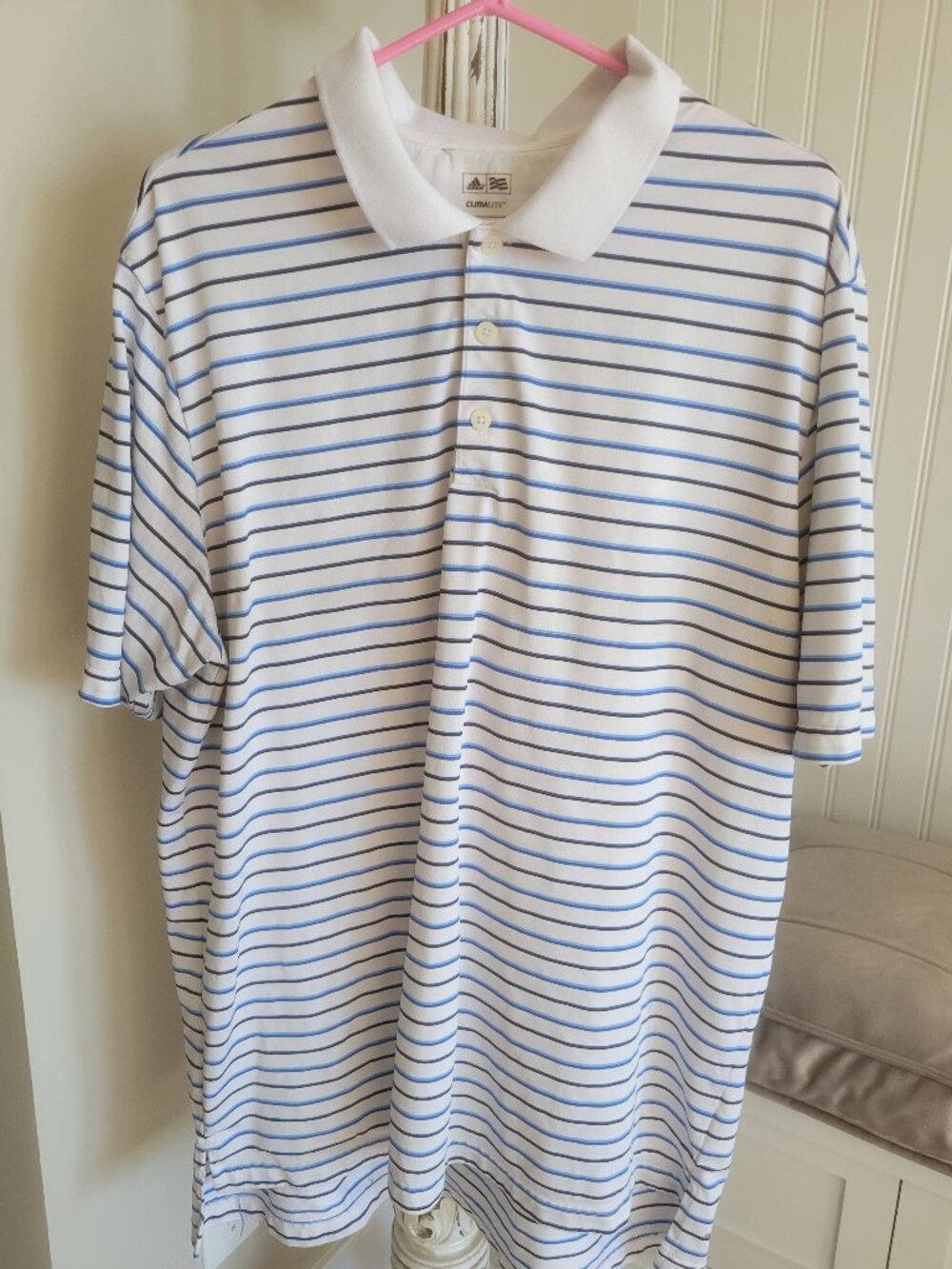 Men's Adidas Climalite Polo Shirt 2XL Golf Blue White Striped Short Sleeve